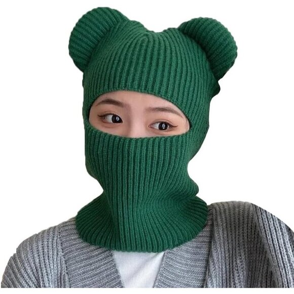 Accessories - Women's Green Winter Hat Warm Hooded Scarf Hat Balaclava Knit Skull Beanie